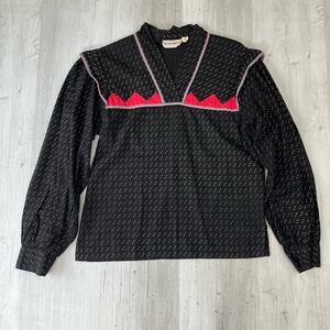 Vintage Karavan V-Neck Long Puff Sleeve Western Prairie Rodeo Print Shirt Blouse